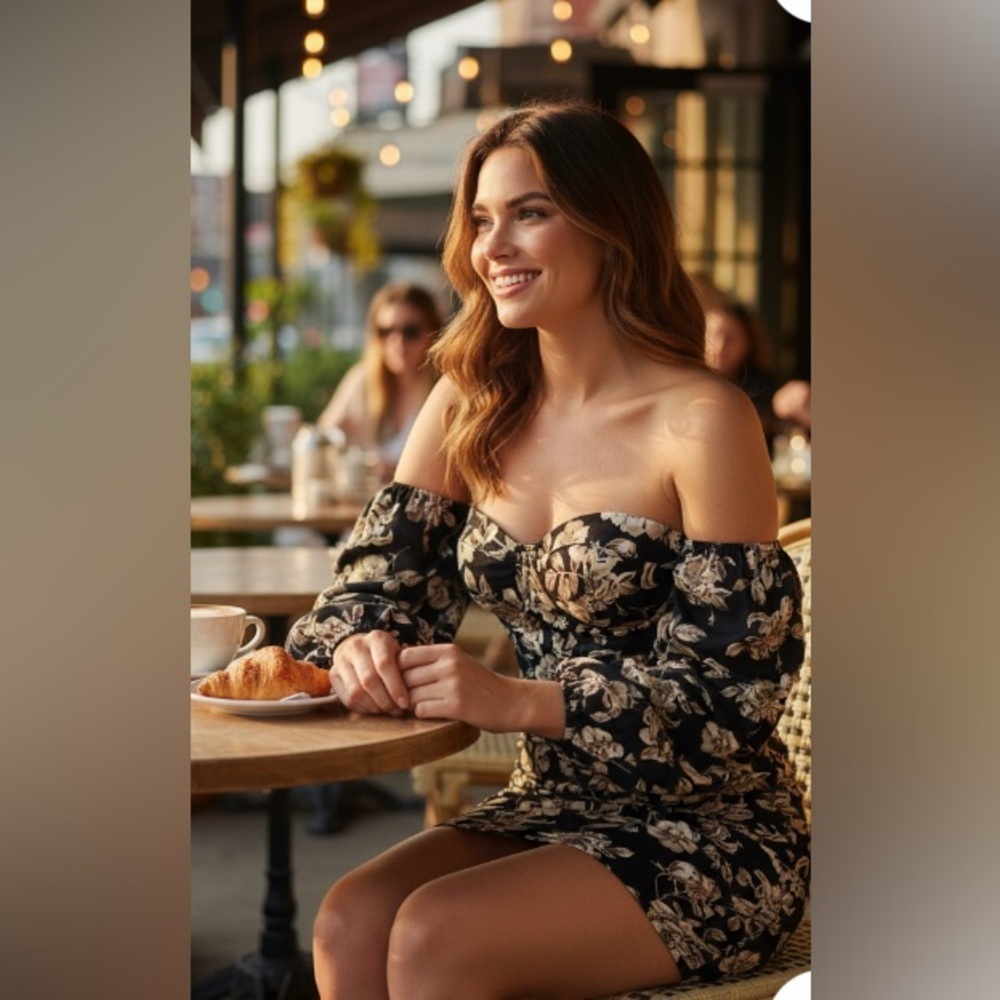 NEW- 1X Black & gold Floral Print 
COLD OFF SHOULDER 
SEXY CORSET DRESS - Picture 3 of 6